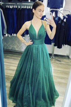 A-Line Sparkle Tulle Long Green Prom Dresses Formal Evening Gowns 901066