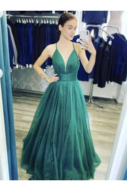 A-Line Sparkle Tulle Long Green Prom Dresses Formal Evening Gowns 901066