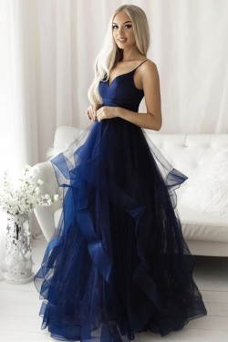 A-Line Navy Blue Long Tulle Prom Dresses Formal Evening Gowns 901068