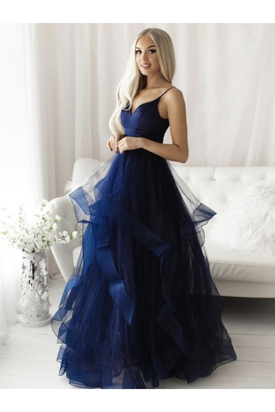 A-Line Navy Blue Long Tulle Prom Dresses Formal Evening Gowns 901068 A-Line Navy Blue Long Tulle Prom Dresses Formal Evening Gowns 901068