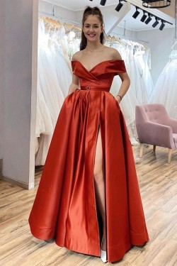 A-Line Long Off the Shoulder Satin Prom Dresses Formal Evening Gowns with Pockets 901069