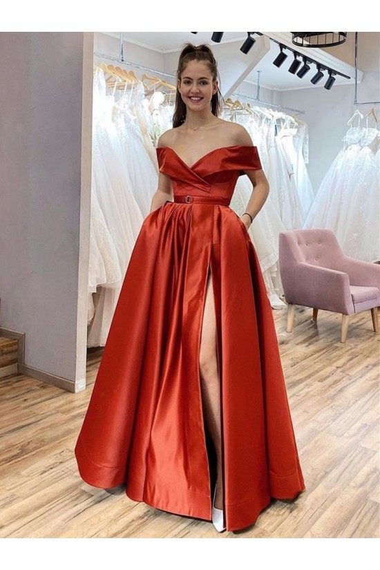 A-Line Long Off the Shoulder Satin Prom Dresses Formal Evening Gowns with Pockets 901069 A-Line Long Off the Shoulder Satin Prom Dresses Formal Evening Gowns with Pockets 901069