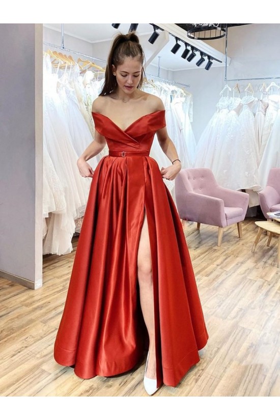 A-Line Long Off the Shoulder Satin Prom Dresses Formal Evening Gowns with Pockets 901069 A-Line Long Off the Shoulder Satin Prom Dresses Formal Evening Gowns with Pockets 901069