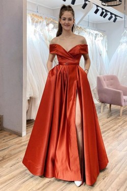 A-Line Long Off the Shoulder Satin Prom Dresses Formal Evening Gowns with Pockets 901069