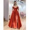 A-Line Long Off the Shoulder Satin Prom Dresses Formal Evening Gowns with Pockets 901069