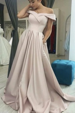 A-Line Off the Shoulder Long Satin Prom Dresses Formal Evening Gowns 901072