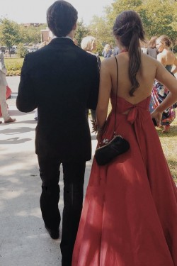 A-Line Red V Neck Long Prom Dresses Formal Evening Gowns 901074