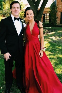 A-Line Red V Neck Long Prom Dresses Formal Evening Gowns 901074