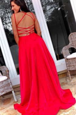 A-Line Spaghetti Straps Long Red Prom Dresses Formal Evening Gowns 901075
