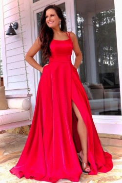 A-Line Spaghetti Straps Long Red Prom Dresses Formal Evening Gowns 901075