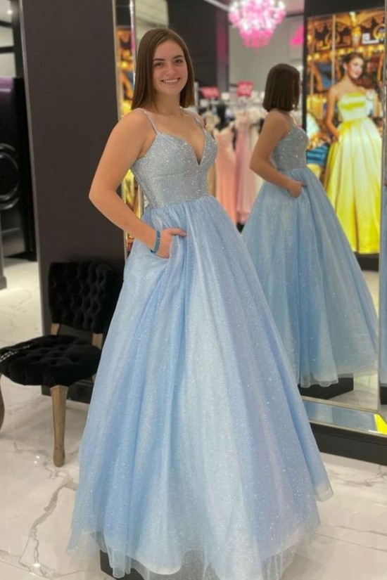 Long Blue Sparkle Tulle Prom Dresses Formal Evening Gowns 901079