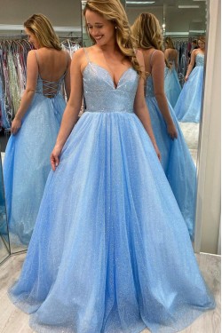 Long Blue Sparkle Tulle Prom Dresses Formal Evening Gowns 901079