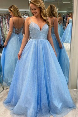 Long Blue Sparkle Tulle Prom Dresses Formal Evening Gowns 901079