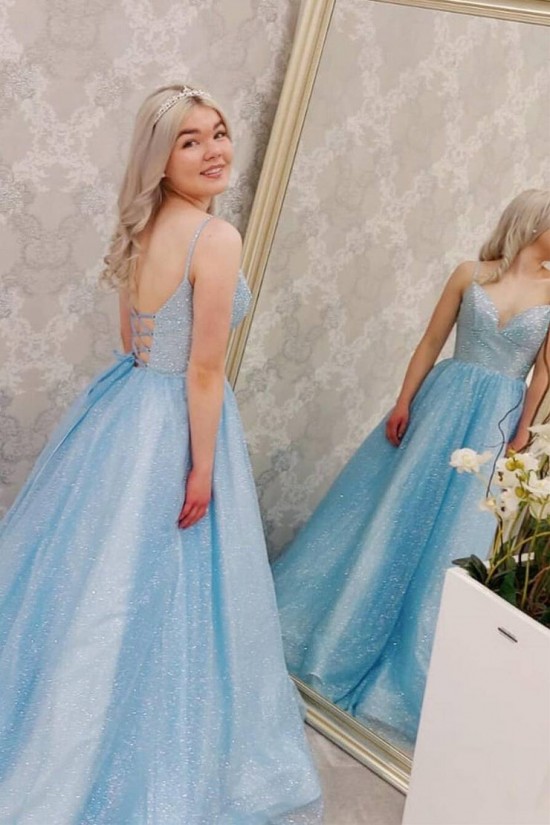 Long Blue Sparkle Tulle Prom Dresses Formal Evening Gowns 901079