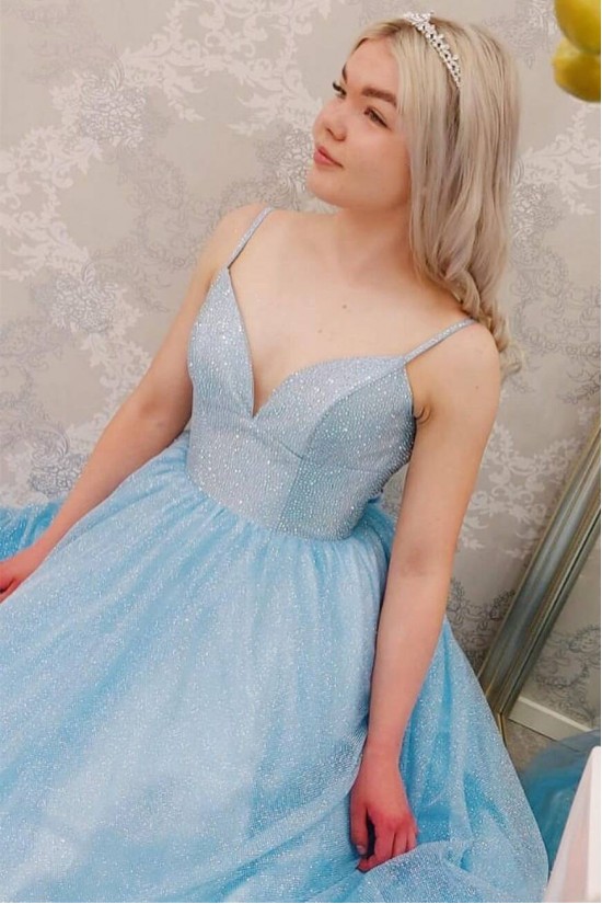 Long Blue Sparkle Tulle Prom Dresses Formal Evening Gowns 901079