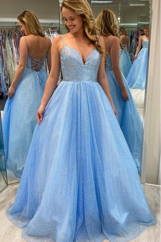 Long Blue Sparkle Tulle Prom Dresses Formal Evening Gowns 901079