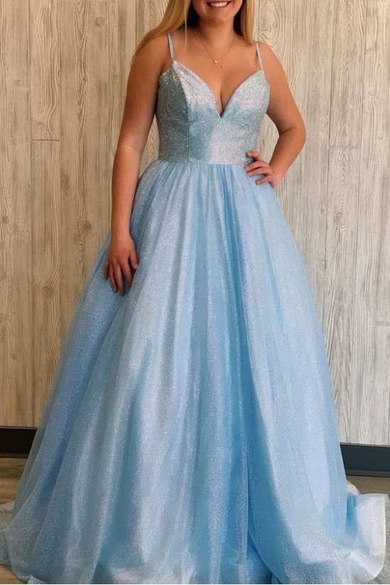 Long Blue Sparkle Tulle Prom Dresses Formal Evening Gowns 901079