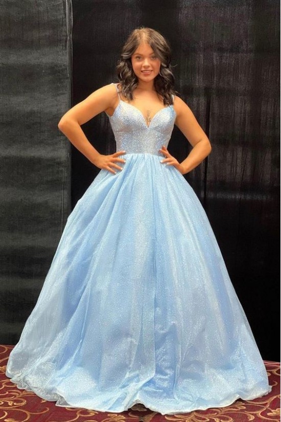 Long Blue Sparkle Tulle Prom Dresses Formal Evening Gowns 901079