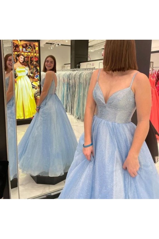 Long Blue Sparkle Tulle Prom Dresses Formal Evening Gowns 901079