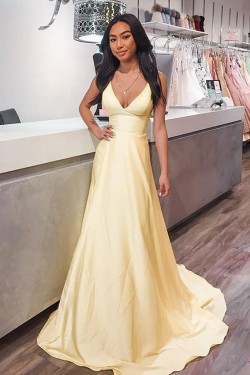 Long Yellow V Neck Prom Dresses Formal Evening Gowns 901080