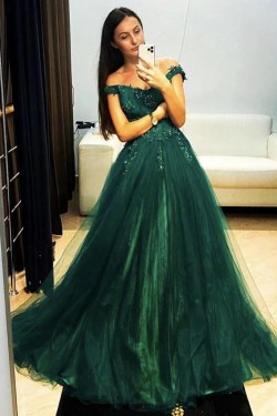 A-Line Lace and Tulle Beaded Long Prom Dresses Formal Evening Gowns 901081