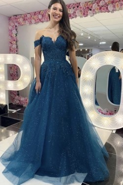 A-Line Long Blue Sparkle Tulle and Lace Prom Dresses Formal Evening Gowns 901082