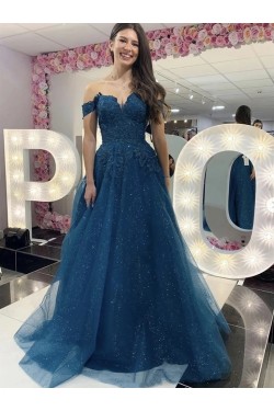 A-Line Long Blue Sparkle Tulle and Lace Prom Dresses Formal Evening Gowns 901082