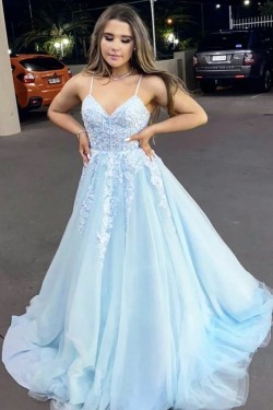 A-Line Long Blue Lace Prom Dresses Formal Evening Gowns 901084