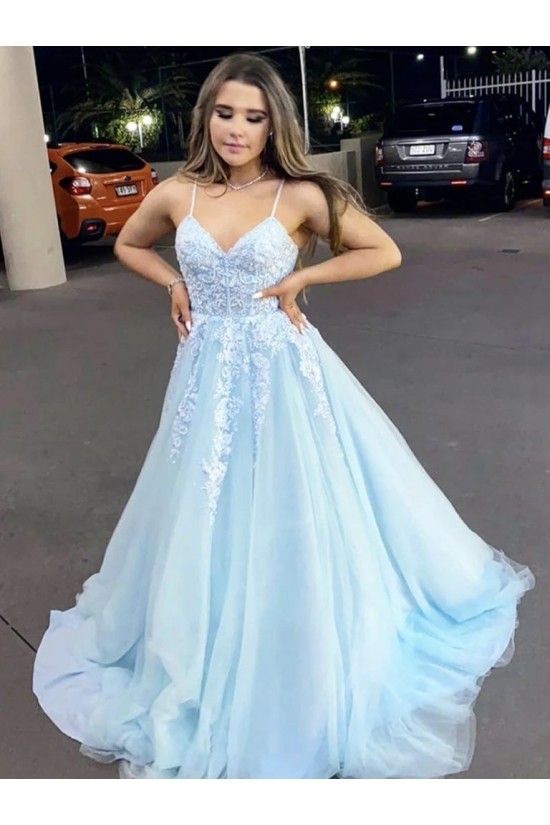 A-Line Long Blue Lace Prom Dresses Formal Evening Gowns 901084 A-Line Long Blue Lace Prom Dresses Formal Evening Gowns 901084