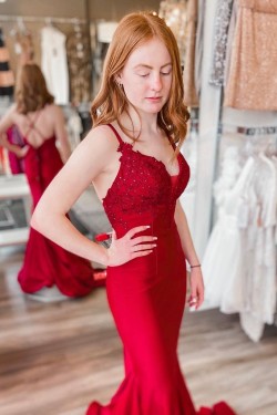Mermaid Long Red Lace Prom Dresses Formal Evening Gowns 901090