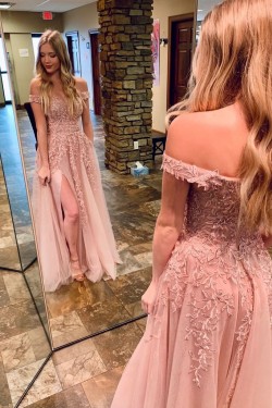 A-Line Off the Shoulder Lace Long Prom Dresses Formal Evening Gowns 901091