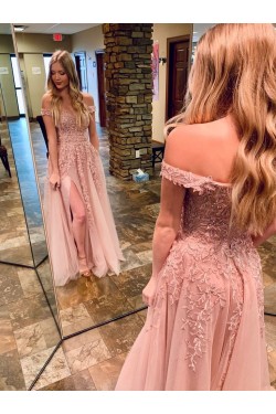 A-Line Off the Shoulder Lace Long Prom Dresses Formal Evening Gowns 901091