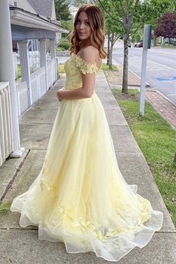 A-Line Off the Shoulder Lace Yellow Long Prom Dresses Formal Evening Gowns 901093