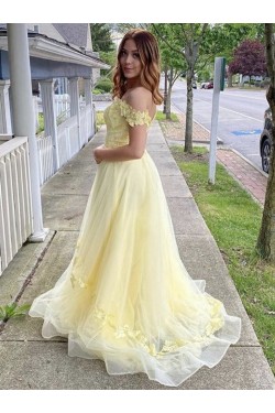 A-Line Off the Shoulder Lace Yellow Long Prom Dresses Formal Evening Gowns 901093