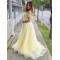 A-Line Off the Shoulder Lace Yellow Long Prom Dresses Formal Evening Gowns 901093