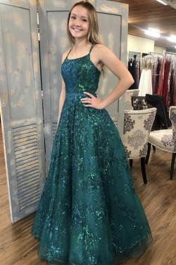 A-Line Sparkle Lace Long Prom Dresses Formal Evening Gowns 901094