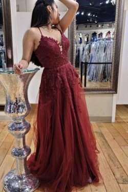 A-Line Lace and Tulle Long Prom Dresses Formal Evening Gowns 901096