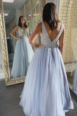 A-Line Lace and Tulle Long Prom Dresses Formal Evening Gowns 901098