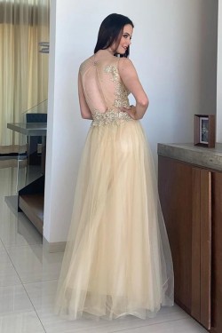 A-Line Lace and Tulle Long Prom Dresses Formal Evening Gowns 901099