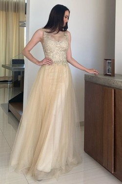 A-Line Lace and Tulle Long Prom Dresses Formal Evening Gowns 901099