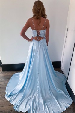 Long Blue Lace Prom Dresses Formal Evening Gowns 901100