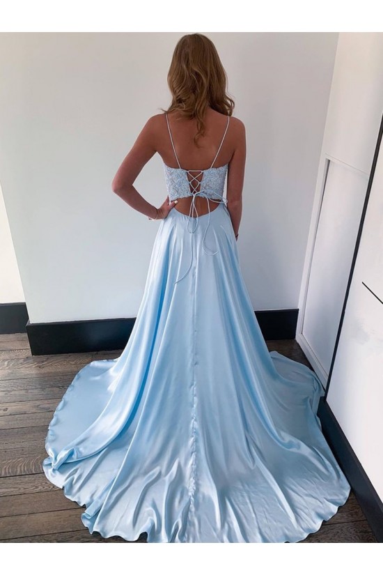 Long Blue Lace Prom Dresses Formal Evening Gowns 901100
