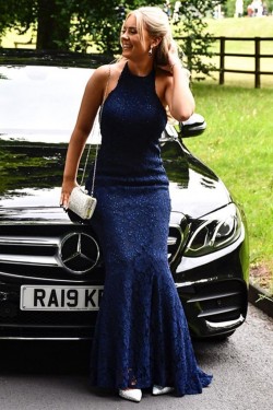 Elegant Long Blue Lace Mermaid Prom Dresses Formal Evening Gowns 901101