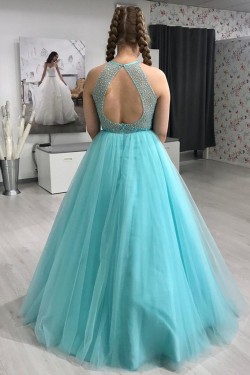 A-Line Long Blue Beaded Prom Dresses Formal Evening Gowns 901103