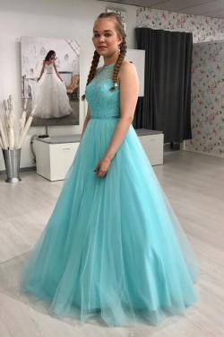 A-Line Long Blue Beaded Prom Dresses Formal Evening Gowns 901103