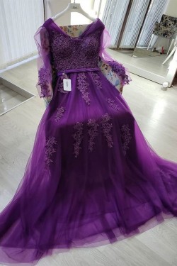 A-Line Long Purple Lace Long Sleeves Prom Dresses Formal Evening Gowns 901105