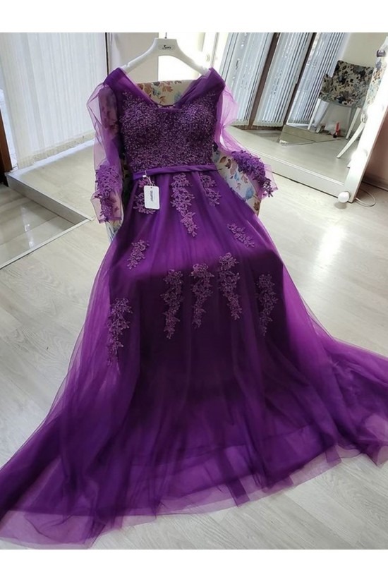 A-Line Long Purple Lace Long Sleeves Prom Dresses Formal Evening Gowns 901105 A-Line Long Purple Lace Long Sleeves Prom Dresses Formal Evening Gowns 901105