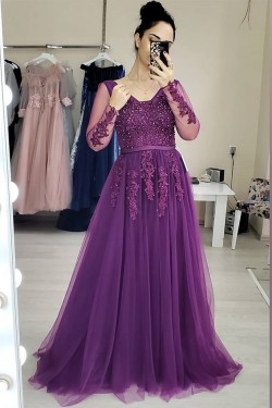A-Line Long Purple Lace Long Sleeves Prom Dresses Formal Evening Gowns 901105