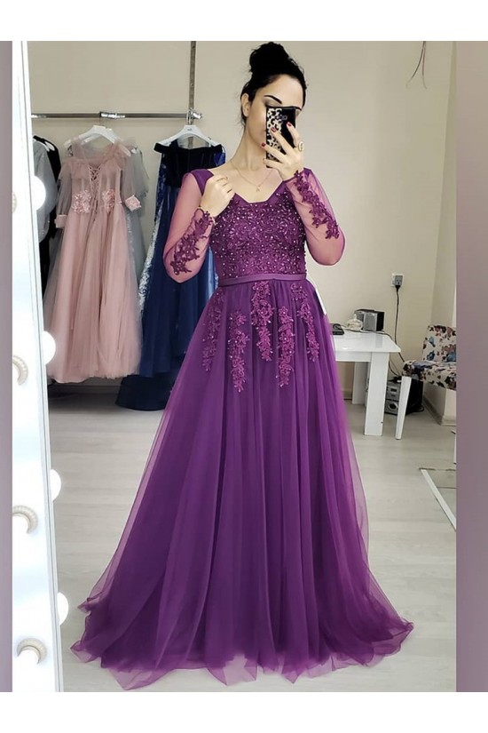 A-Line Long Purple Lace Long Sleeves Prom Dresses Formal Evening Gowns 901105 A-Line Long Purple Lace Long Sleeves Prom Dresses Formal Evening Gowns 901105