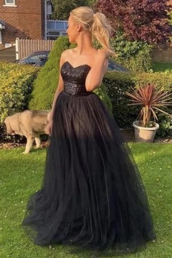 Long Black Sequins and Tulle Prom Dresses Formal Evening Gowns 901106